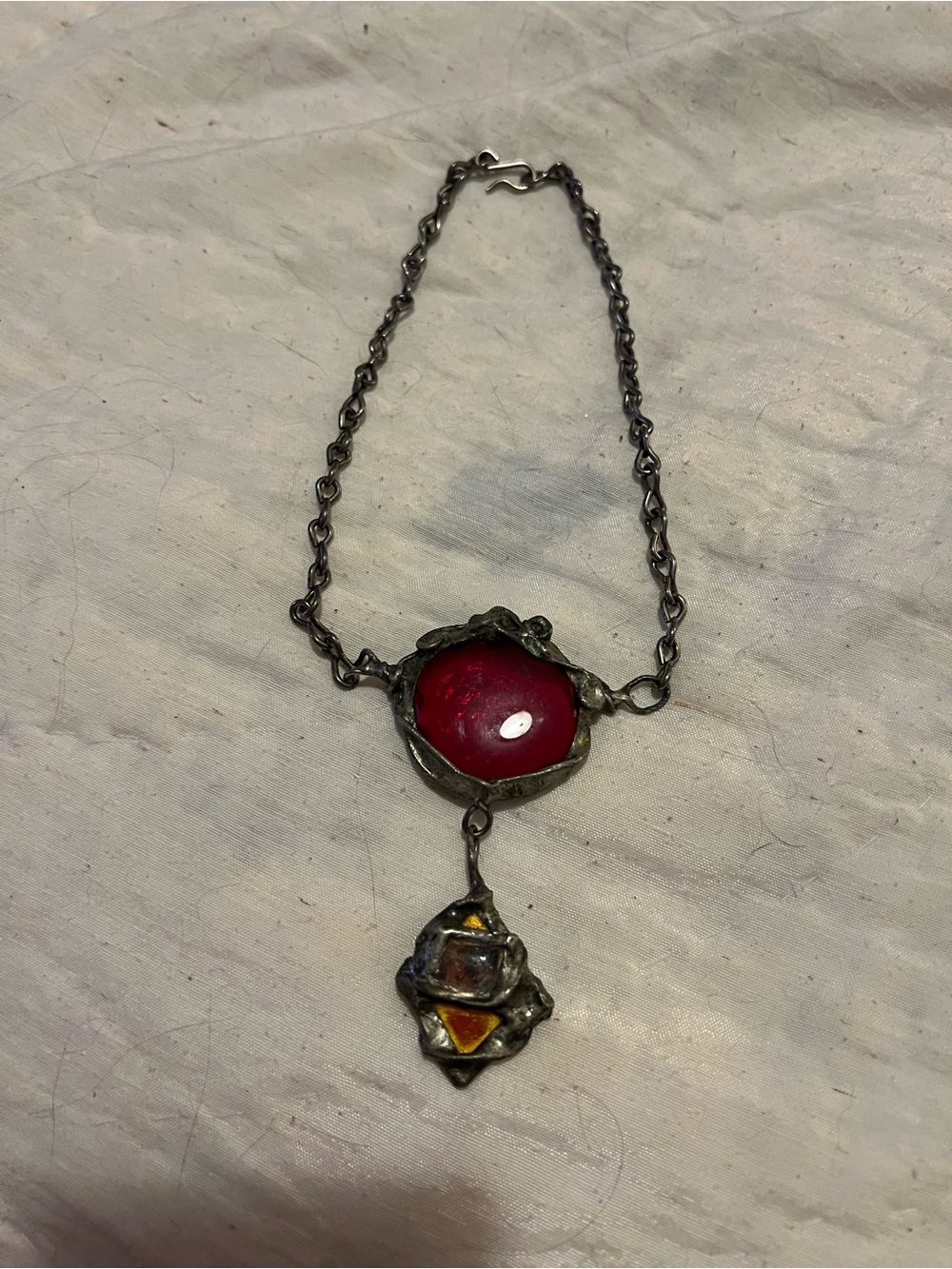 Metal Artisan Cable Chain Necklace Red Glass Cabochon Pendant Hook 17” Boho